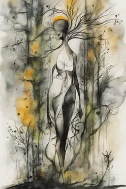 an abstract full body ink wash and watercolor lithographic print portrait illustration of her subconscious yearning to be as free as the unbridled wind whispering through an ancient forest , neo surrealism, biomorphism, abstract expressionism , striking, atmospheric, dreamlike, mystical, enigmatic, in the style of Joan Miro and Roberto Matta, in bold, vibrant plant based organic colors, boldly inked, hyper detailed , highly detailed feminine facial features, 4k