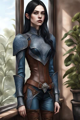 beautiful pale skin female, half elf, black silky straight shoulder length hair, blue intricate leather armor with intricate white frills, shoulder to waist belt, brown intricate travelling boots, standing near window, plant on pot, brown dark eyes, realism, realistic, photorealistic, fullbody shot