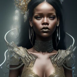 Rihanna, long black hair, elemental face, Unreal Engine 5, highly detailed, highest quality, digital painting, complex 3d render, unreal engine render, insane detail, intricate photograph quality, magnificent, majestic, highly intricate, Realistic photography, grand hall, wicked throne, holding scepter, crown of barbwire, dark color palette, metallic, highly detailed, highest quality, digital painting