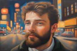 Ambrosius Benson oil painting a dreaming young beard guy in the pop '80s streets NY lights oil painting art