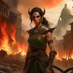 a beautiful dark haired tiefling woman in a sleeveless battle outfit, amidst town ruins with fires burning, photo quality