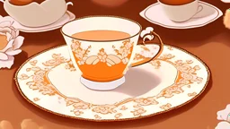 Cartoon Victorian fantasy orange tea with white petals on a brown table with a white lace table cloth