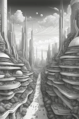 a highly detailed pencil digital drawing of beautiful organic futuristic city in harmony with nature, full screen, fine details and contours, intricate, small minutiae, tiny features, particulars, sharp photo lens, acute outlines, digitally enhanced, least ambient occlusion, sidewalk view from the pedestrian perspective, wide angle camera, volumetric lighting, volumetric clouds, uhd, 8k, vitality colors, for book cover, enscape render, by antoni gaudí