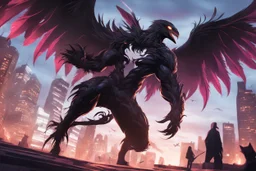 Venom in 8k solo leveling shadow artstyle, crow them, feathers, big wings, neon effect, full body, apocalypse, intricate details, highly detailed, high details, detailed portrait, masterpiece,ultra detailed, ultra quality