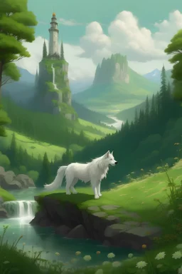 a white wolf on top of a hill full of tall trees and look ahead to a forest valley green and full of flowers and trees with a waterfall in the distance