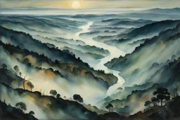 Aerial view painting of an expansive mist laden, rock strewn river forest landscape, pierced by shafts of pale moonlight , in the Expressionist style of Egon Schiele, Oskar Kokoschka, and Franz Marc, in muted natural colors,