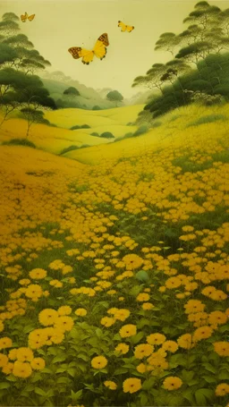 A yellow stinky field with butterflies painted by Qiu Ying