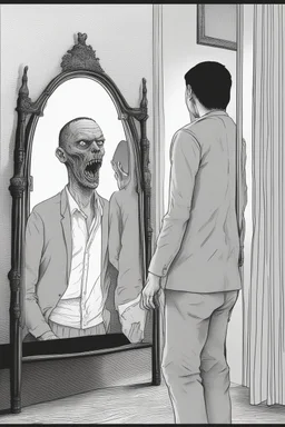 a man looking into a mirror and seeing a horrifying, monstrous reflection