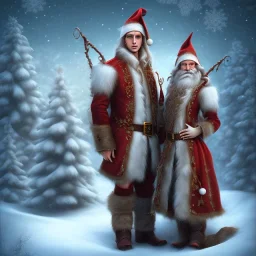 two elves. woman and man. Christmas scene. photorealistic. low-key