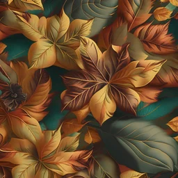 infinite pattern fabric tilabe, flat texture, leaves, georgette, flores warm colors, photorealistic effect
