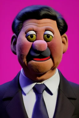 Waist up muppet Portrait, Xi Jinping as muppet doll, black suit and red tie, photo studio, blue background, unreal engine 5, concept art, art station, god lights, ray tracing, RTX, lumen lighting, ultra detail, volumetric lighting, 3d.