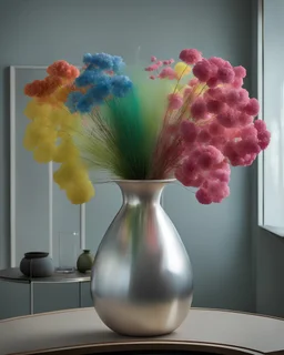 Cherenkov radiation colors, silver ratio proportions, Inspired by Joe Horner, Helice Wen, Mark Rothko, Benetton, gestalt theory, december very sunny day at 11 a.m. volumetric lightning, professional studio photography with Leica Hermes Edition M7 camera of intricate floral bouquet in a brutalist porcelian vase on brutalist porcelain table, sophisticated composition, contemporary urban art gallery context, hyper detailed, hyperrealistic, intricate details, eye-catching, vivid, product-focused.