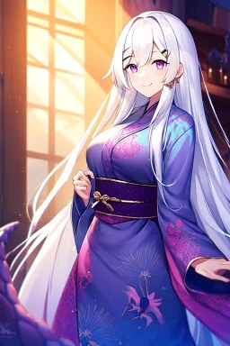 girl, masterpiece, best quality, cinematic lighting, detailed outfit, vibrant colors, perfect eyes, white hair, purple eyes, long hair, dragon pattern kimono, indoors, light rays, hairclip, smile,