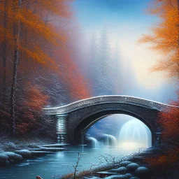 spray painted fantasy art, book illustration,the stairs of a bridge or dam in magical forest,autumn icy water, white horses on the bridge,evening, hawk eye view