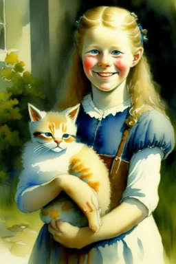 A cute smiling scandinavian girl is holding a kitten. Watercolour