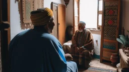 Two fifty-year-old people in traditional Moroccan clothing are discussing in the room of a Moroccan house, with only their backs visible