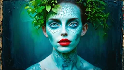 old retro photograph, light vignette, faded, worn and cracked, double exposure, surrealism, female humanoid from another world, red lips, half body, greenish blue pale transparent glowing skin, bald head, plants growing out of head, tattoo on head, alien transparent eyes, double exposure, hyperdetail, double exposure, Anna Razumovskaya, Anna Dittmann, Luis Royo, Neo-impressionism, expressionism, oil painting. Bold, detailed and textured brushstrokes reminiscent of Royo and Peter Coulson. Deep co