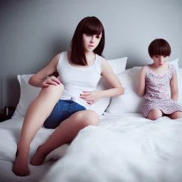 Realistic photo Russian shorthair beautiful 20-years tomboy boyish boylike young wife wide hips in bedroom with little daughter