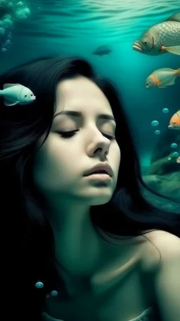 beautiful girl with black hair dreaming of a love world under the sea
