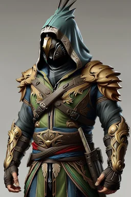 video game character costume inspired by a Kea parrot and Assassin's Creed aesthetic. bird-themed mask protects face. The metallic elements should be in bronzed gold tones. The design should introduce tinted tinted green and blue transitional colors from the bronzed gold to olive color scheme. The hood should have a matte black beak-like tip, exaggerated in shape. character wielding matte black karambit. overall finish should be foresty, wintery, and weathered.
