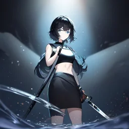 Clear focus,High resolution, black short fluffy hair, long fluffy bangs, and dark blue eyes, Depressed girl, wearing a black short shirt with a black sleeveless crop top, dark aura, controlling water, in a black room, holding a katana