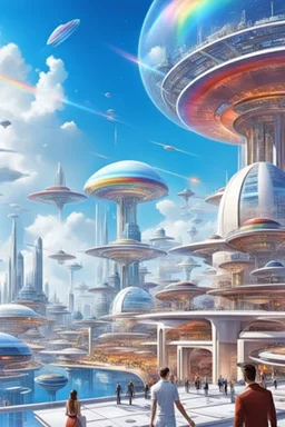 ville futuriste ultra moderne, ufos, rainbows,intergalactic city