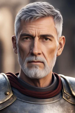 An old male roman legion soldier with brown eyes, short gray hair and a light beard, Roman Legion armor