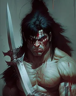 sad human berserker meaty black hair big greatsword