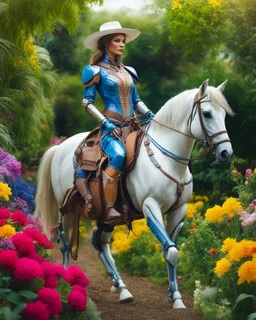 A colorful futuristic robotic cowgirl supermodel she on ridding horse in farmer surrounded by a lush garden of exotic flowers