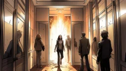 The picture shows the moment of returning to reality, where the hero or heroine and their companions get out of the elevator after being freed from his curse. The explosion of bright light around them reflects New Hope and positive transformation. Calm is felt returning to the building, as residents return to their normal life after the disaster is over. The building, which was watching them with darkness and horror, returns to its calm state as if nothing had happened. Hope and peace emanate fr