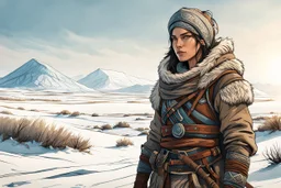 create a sketchy, hand drawn, full body, young, otherworldly lost Siberian nomadic female huntress concept art character, with highly detailed, sharply lined and deeply weathered facial features, outside her yurt in a desolate tundra steppe landscape , in natural winter tundra colors, 4k