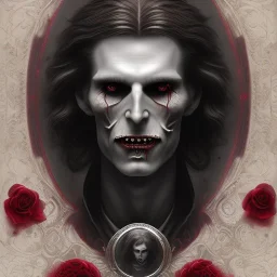 Mystery scary VAMPIRE LESTAT.Ambiance dramatique, dramatic lighting, volumetric lighting, hyperrealisme, 8k, high quality, lot of details, fit within portrait , black and red roses , the vampire teeth , style Daniel Merriam