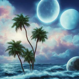 1980's vaporwave aesthetic palm trees with lightning with lunar eclipse in the ocean waves sunset