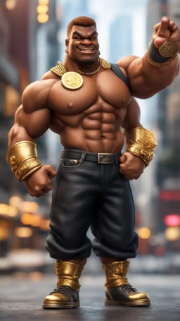 black hunk original Abobo from double dragon holding up a dog sized golden coin with a print of himself ,bokeh like f/0.8, tilt-shift lens 8k, high detail, smooth render, down-light, unreal engine, prize winning