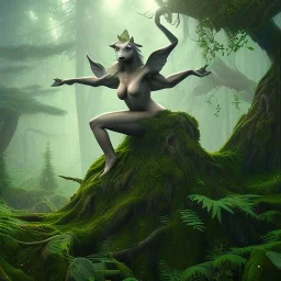 evening,light rays, upper body of female gargoyle in magical forest, spray painting, foliage frame, fantasy art , movie poster, Realistic photography, incredibly detailed, ultra high resolution, 8k, complex 3d render, cinema 4d, color corrected