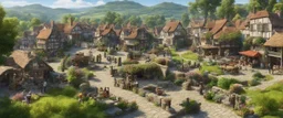 A busy village market in a beautiful sunny countryside scene with distant hills & fields, many conjoining intricate characterful dwellings & a clock-house (all designed by Esher), with pathways & walkways, stairways & bridges, waterfalls & a waterwheel : ultra high detail, photorealistic, epic cinematic, 8K, Large depth of field