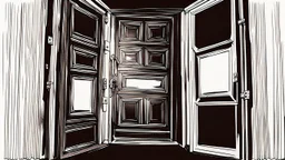 unhinged door, anime, monochrome, black background, ink, simple, maximum quality, broken hinge, barely functioning, centered on frame, far view