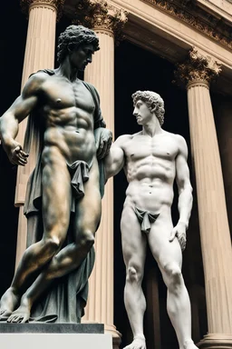 in a modern art display, two famous statues are next to each other, one is David and the other is the Discobulus statue. The discobulus hand covers the private part of David, they both look disgusted at each other