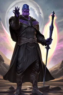 Thanos is the god of power and evil The commander wears a black cloak and a long coat with long combat boots and a long spear with a hat under his cloak with blue flame eyes, a sword like a spear The sun in the palm of a brave man in the middle of the desert