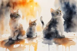 cats playing activity, melting watercolor and black ink outlines on wet paper, soft, shading strokes, in sunshine, ethereal, otherwordly, cinematic postprocessing, bokeh, dof