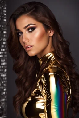 Photography HD modeling in fashion style, beautiful face and eyes,very beautiful latina super model young lady,Dress Latex Body Suit GOLDEN CHROME SILVER, CHROME RAINBOW, Brown hair, PRETTY EYES, highly detailed face beautiful, disco club party