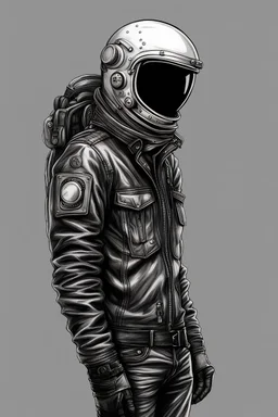 hand drawn leather jacker punk with astronaut helmet on visor down full body more rebel hand in pocket full face helmet covering face