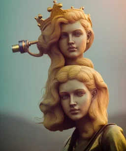 Statue of Queen of photography. Cute blonde woman. Photographer in golden crown. Standing on the street. Big camera in her hand. hyperdetailed, photorealistic, trending on artstation, greg rutkowski, beksinski, kodachrome, bokeh, red and gold