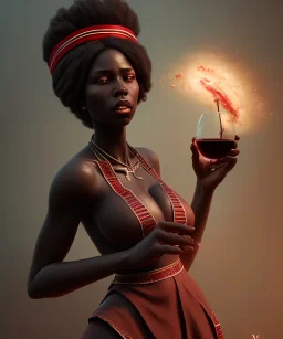 Negra Francisca, beautiful, curvy body, African slave, simple red fabric dress, long black hair, red headband, head and shoulders portrait, holding glass of wine, 8k resolution concept art portrait by Greg Rutkowski, Unreal Engine 5 volumetric lighting