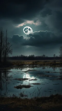 A swamp with dark sky with clouds covering the moon