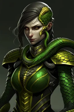 a female humanoid snake, wearing a black leather armor, green scales, yellow eyes