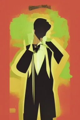 Man in an Uranium-colored tuxedo poster negative Space Intensity Proportion Emphasis fluowave style of GQ style of Natsuki uruma on Neutral Colors paper