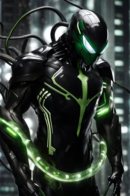 Cyborg symbiote, white color, green color, tendrils, high tech, cyberpunk, biopunk, membrane wings, carbon fiber, cyber tentacles, and the other two.