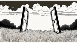 unhinged door, anime, monochrome, black background, ink, simple, maximum quality, broken hinge, barely functioning, centered on frame, far view, in the middle of a grassy hill, white sky with cumulonimbus
