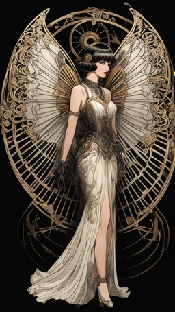 Full Body, Art Nouveau Woman With A Bob With A Fringe Hairstyle, 1920s Clothing, Steampunk Metal Moth wings, Black Background